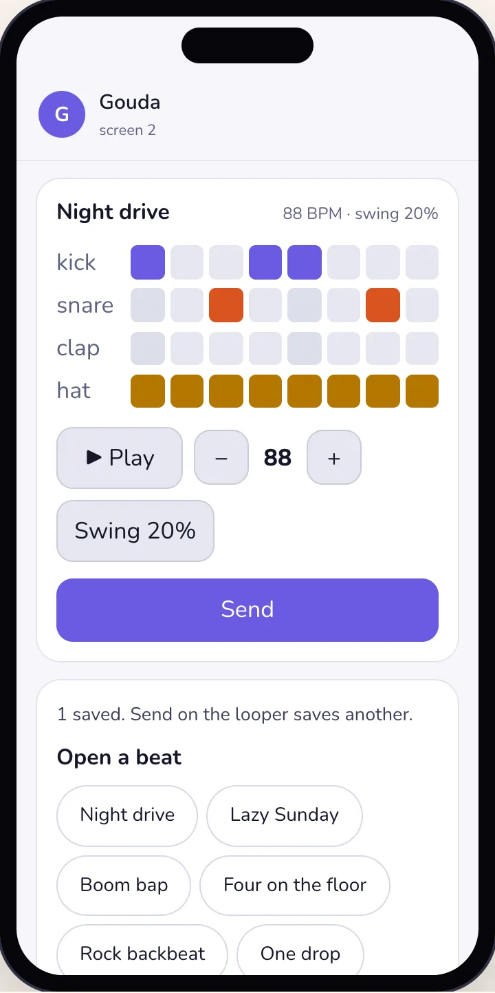 Gouda's looper: kick and snare rows laid out, playing