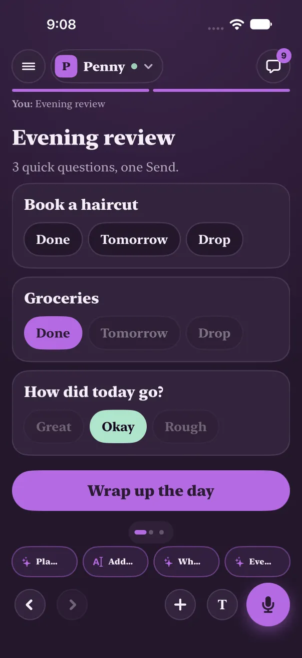 Dark mode: the evening review, done, tomorrow or drop for each task, how today went, one Wrap up the day button