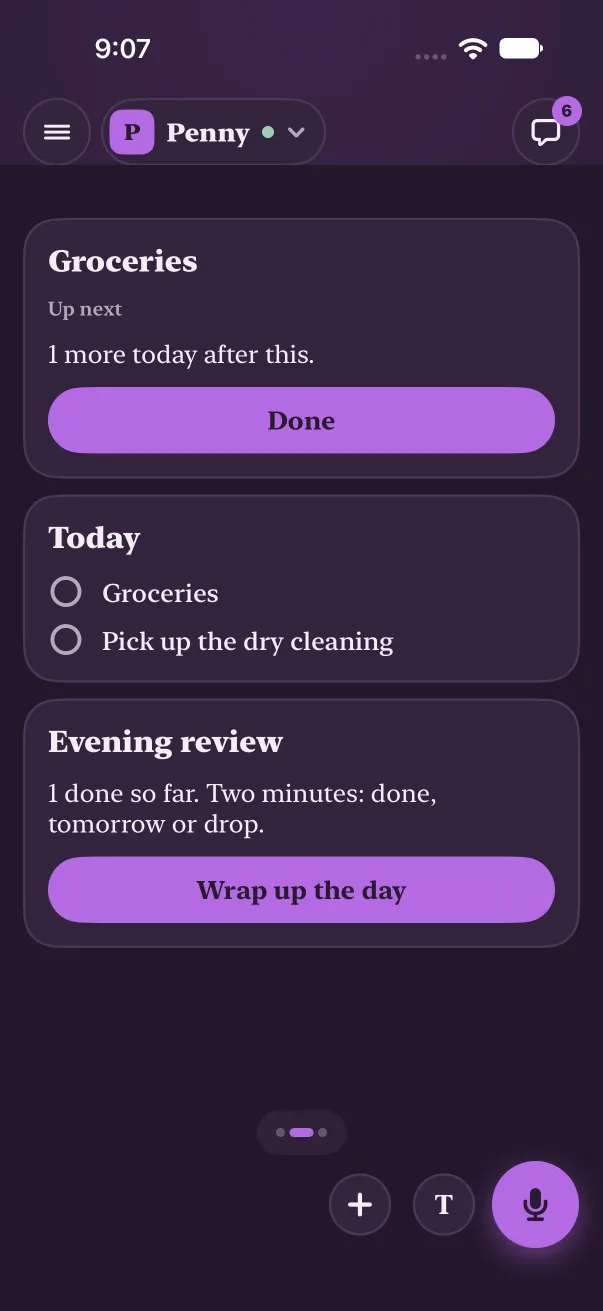 Dark mode: Today after a tick, Groceries up next with Done, the list and the evening review