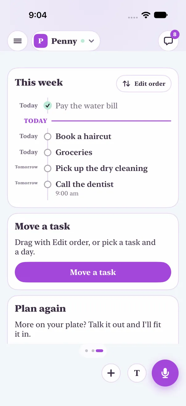 This week as a timeline: Pay the water bill done above the Today line, Book a haircut dragged up to today