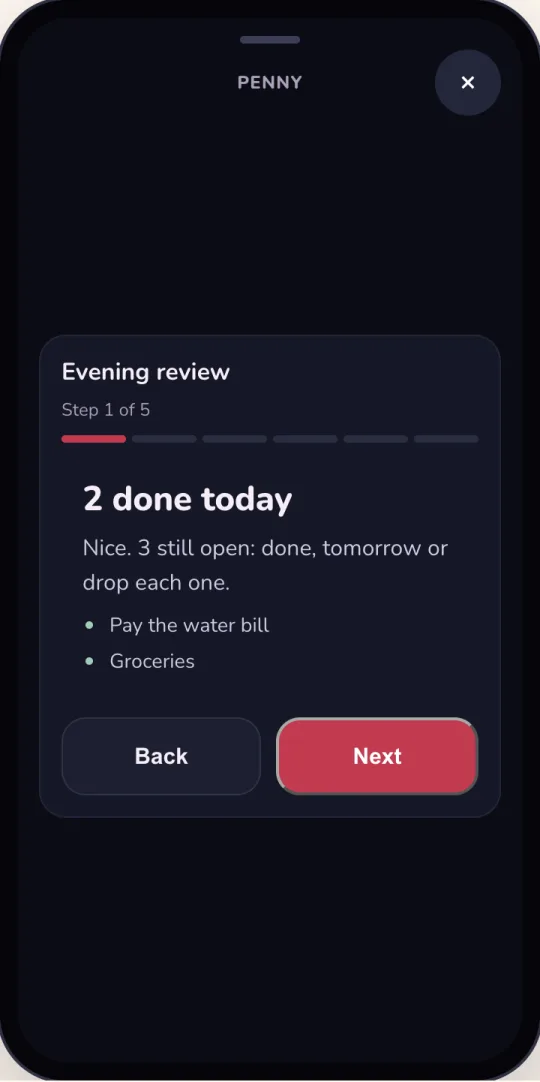 The evening review: 2 done today, pay the water bill and groceries, 3 still open