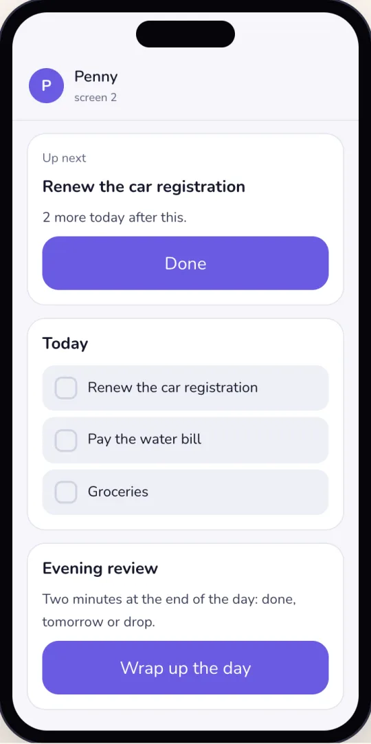 Today: Up next, Renew the car registration, with Done, the list with ticks and Wrap up the day