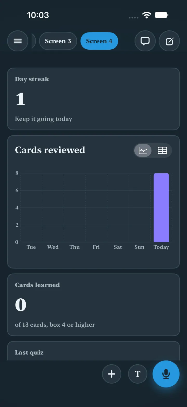 Dark mode: Quill's Progress page after a relaunch, with a day streak, cards reviewed today and cards learned