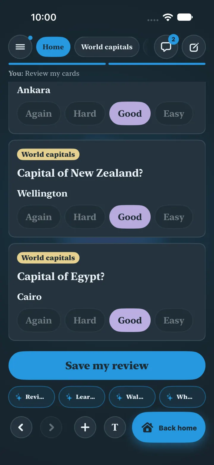 Dark mode: cards due today, each with again, hard, good and easy, and one Save my review button