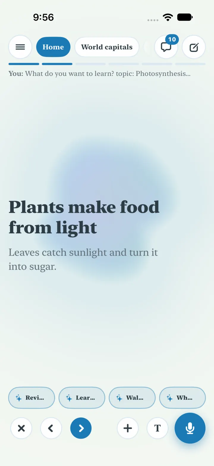 A lesson page in Quill: Plants make food from light, with a line under it about leaves turning sunlight into sugar