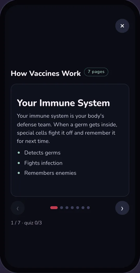 How Vaccines Work, page 1 of 7: Your Immune System, with three key points and a quiz at the end