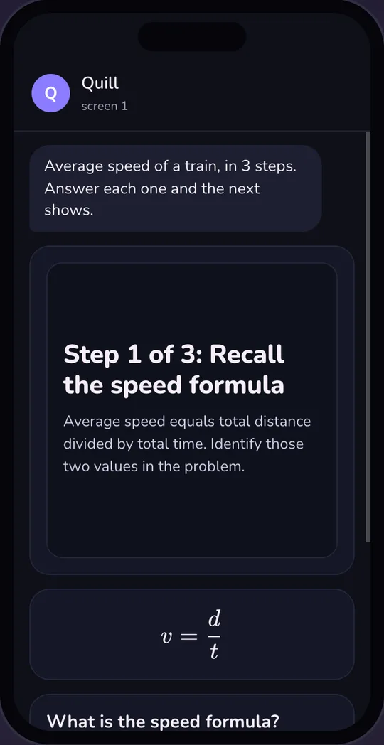 Step 1 of 3: Recall the speed formula, v equals d over t, then What is the speed formula?