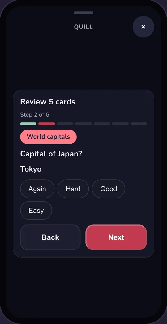 A quiz being reviewed in dark mode, each card rated, the next review date set