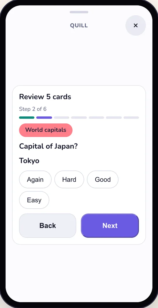 Review 5 cards, step 2 of 6: Capital of Japan? Tokyo, with Again, Hard, Good and Easy