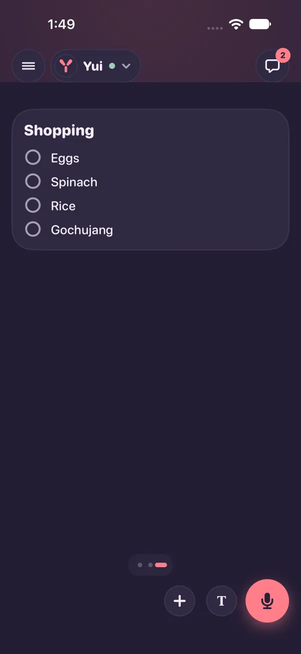 Screen 3 in dark mode, a Shopping list, with the last dot as the pill