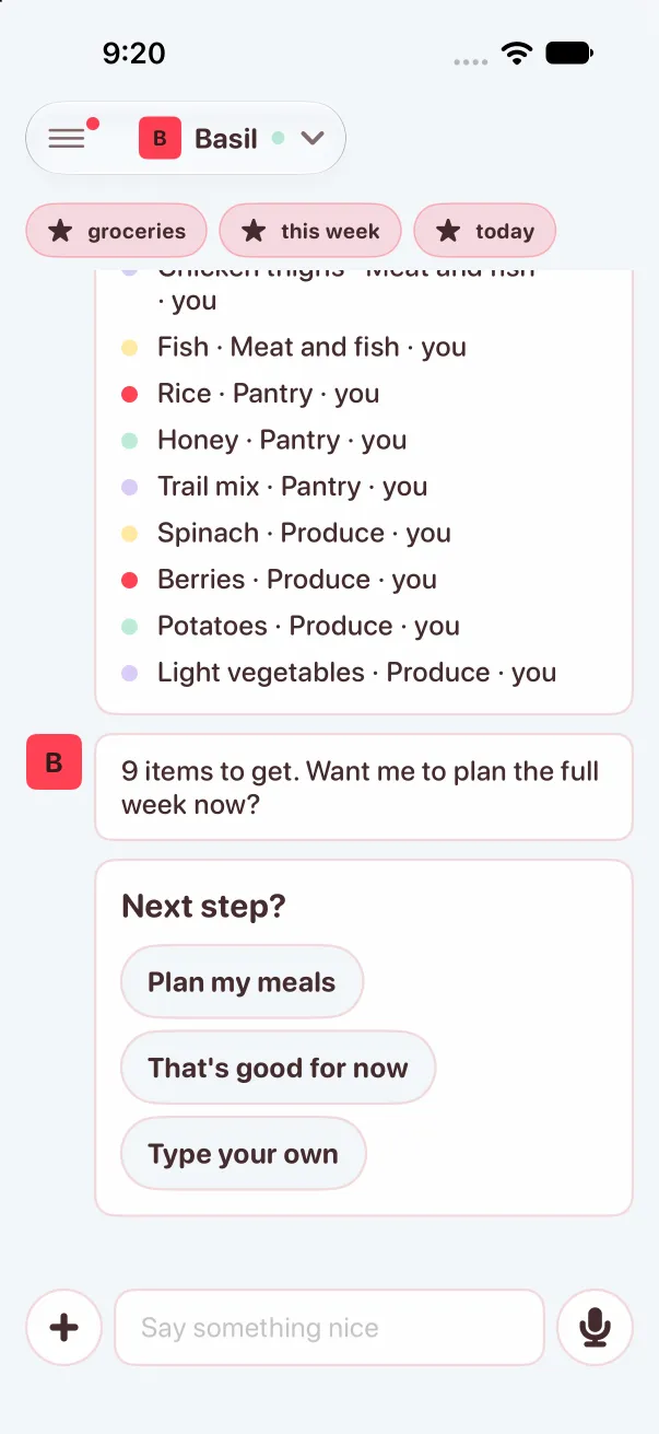 After: the grocery list with fish, potatoes and light vegetables added, then one line, 9 items to get, and a next step picker
