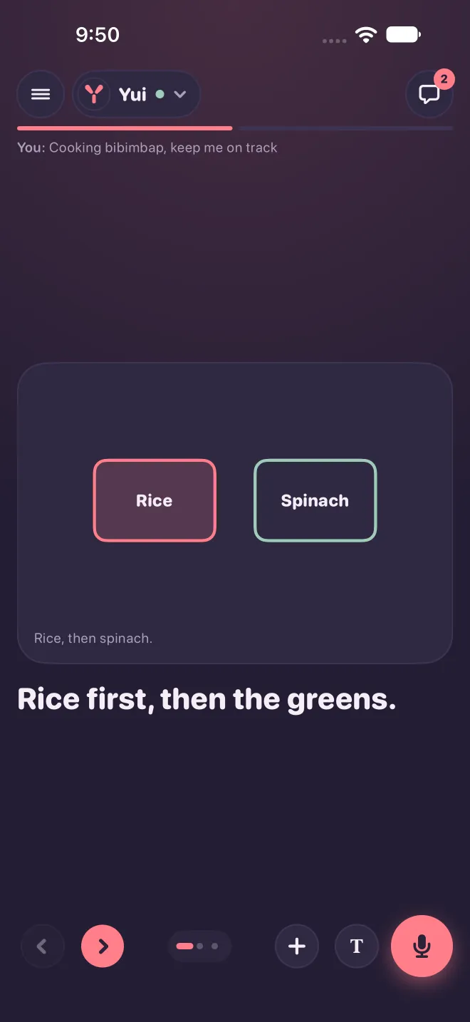 Dark mode: the back and next arrows at the left of the bottom bar, three small dots centered next to them, then plus, T and the mic