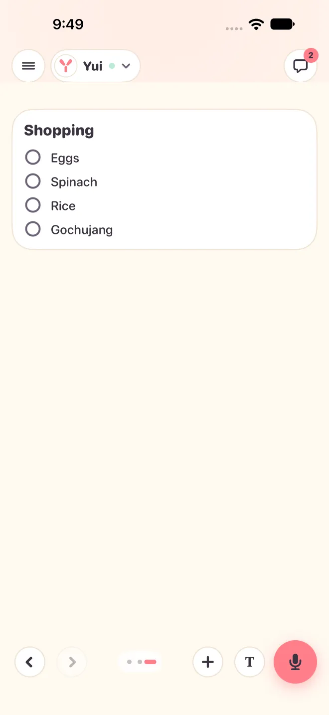 Screen 3, a shopping list, with the last dot as the pill in the bottom bar