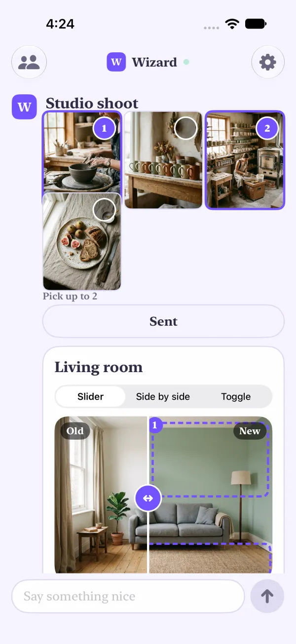 Yui app: a Living room compare card with the slider halfway, old room on the left, sage green wall on the right, numbered highlight boxes and notes.