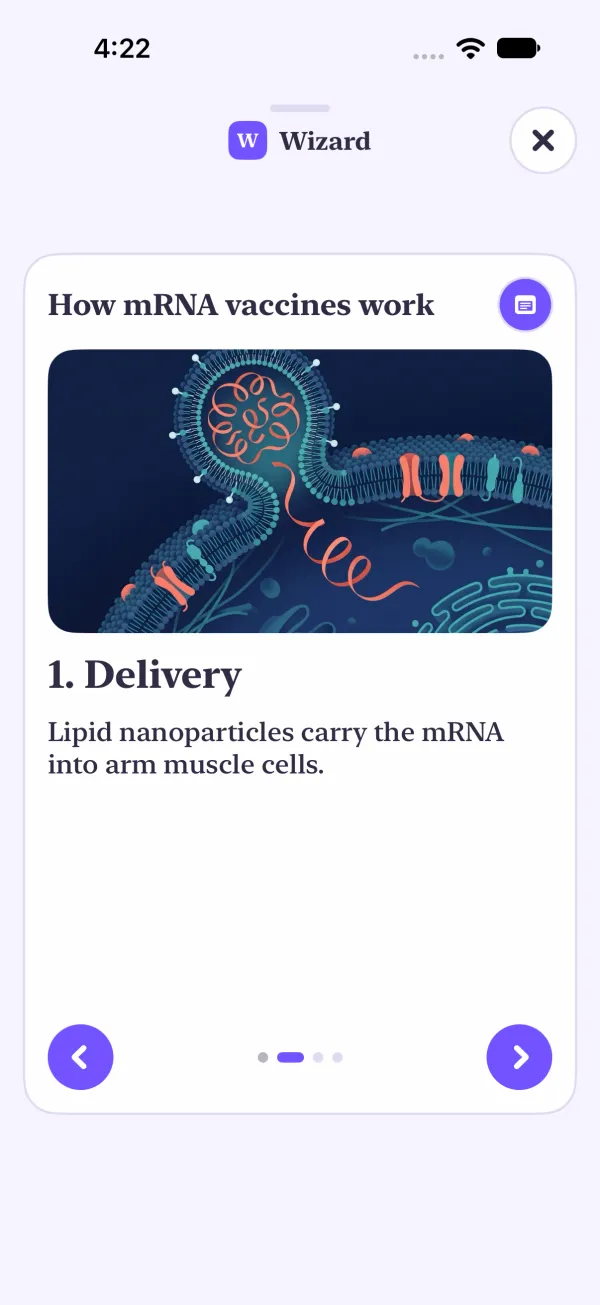 Yui app: a full screen deck, How mRNA vaccines work, on slide 2 with an illustration and the heading 1. Delivery.