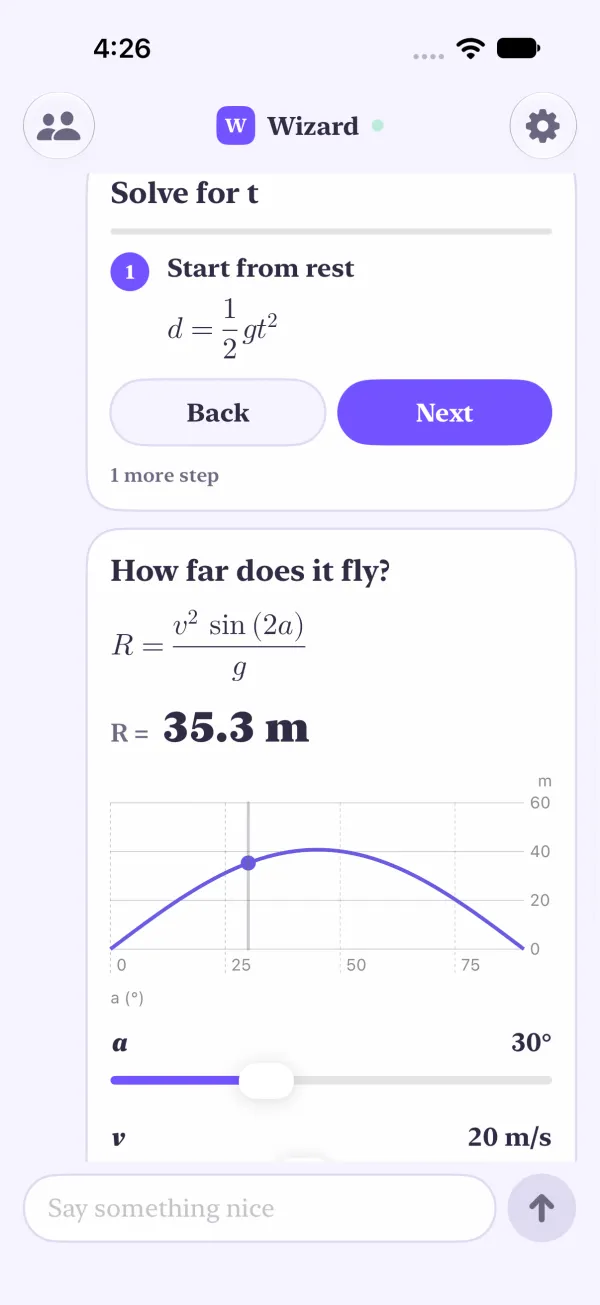 Yui app: a Solve for t step card with typeset d equals one half g t squared, and a projectile calculator that plots range against angle.