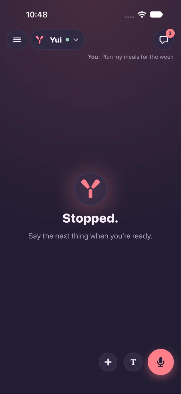 Dark mode: the stage says Stopped. and Say the next thing when you're ready, with the mic back