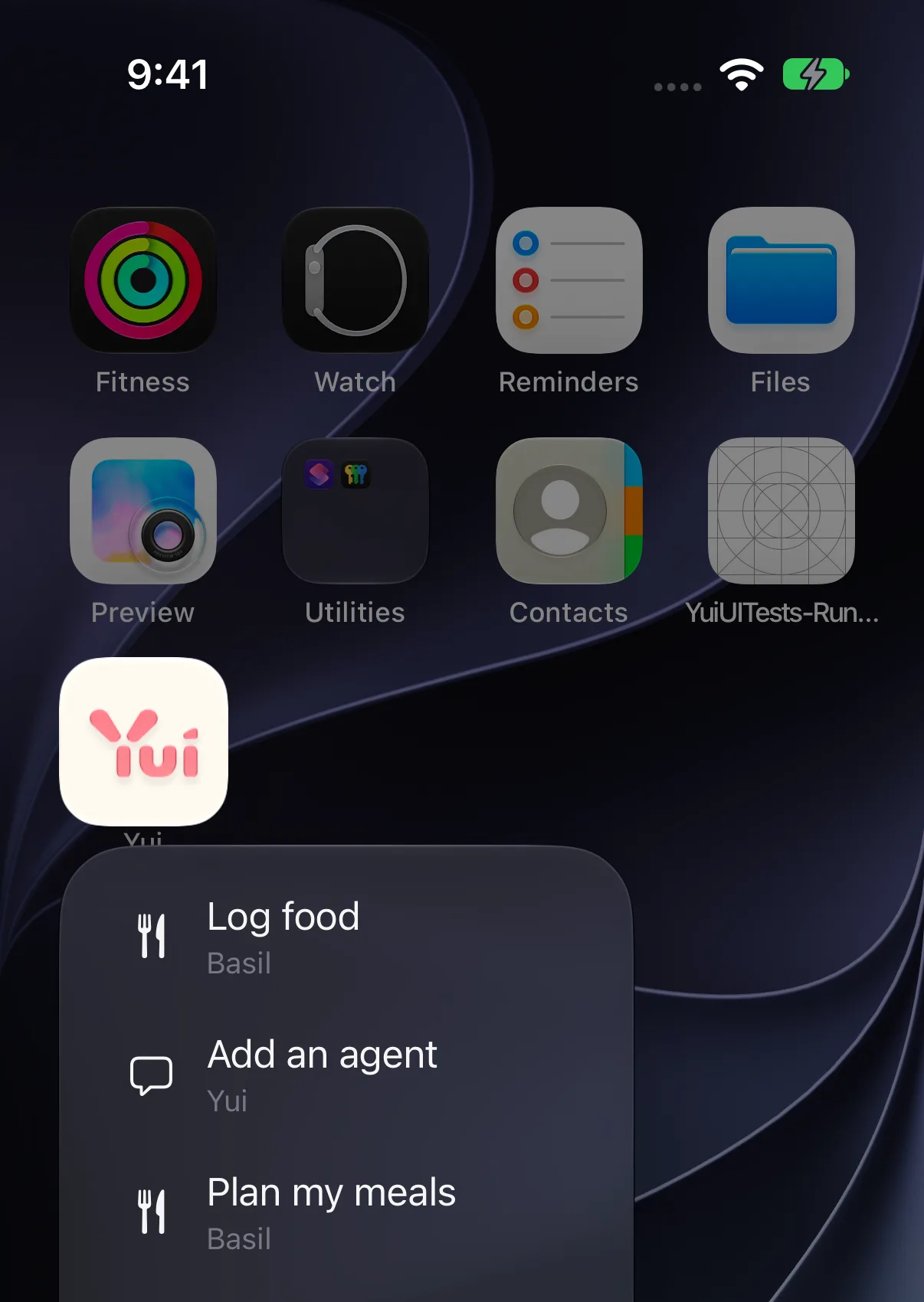 The Yui icon held down on the home screen, showing the agents' shortcuts