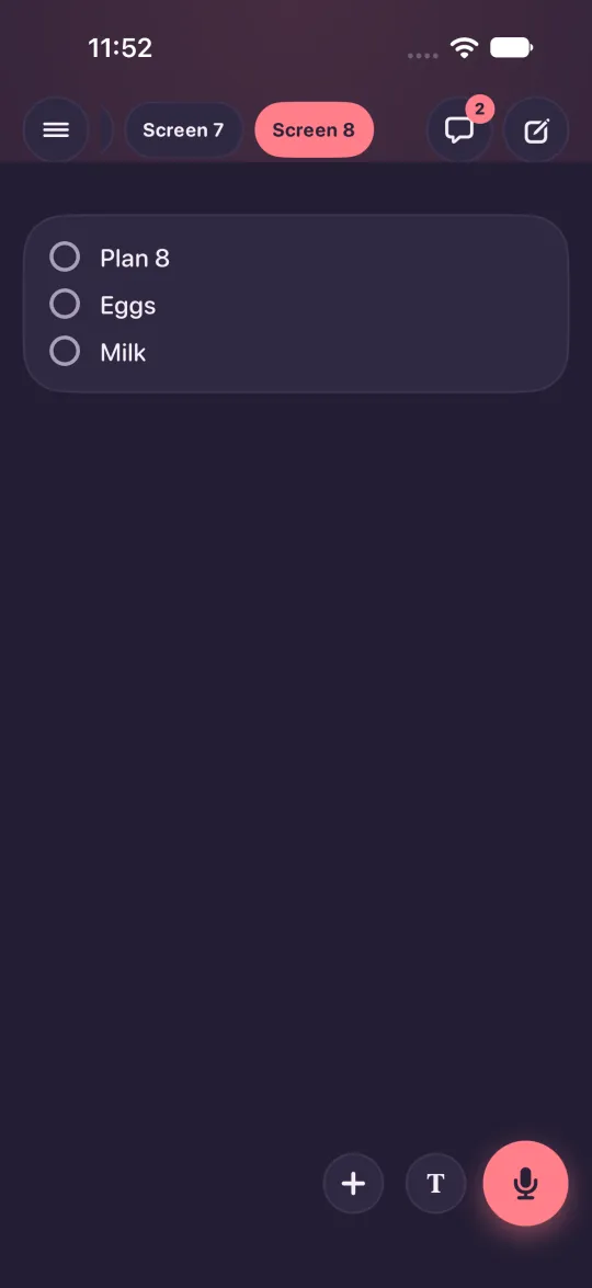Dark mode: Screen 8 is the filled pill, scrolled into view.