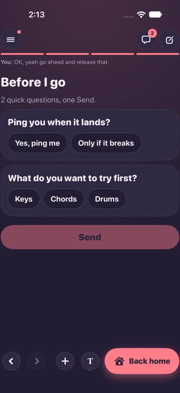 Dark mode: the last page of a full-screen answer ends on a Back home pill.
