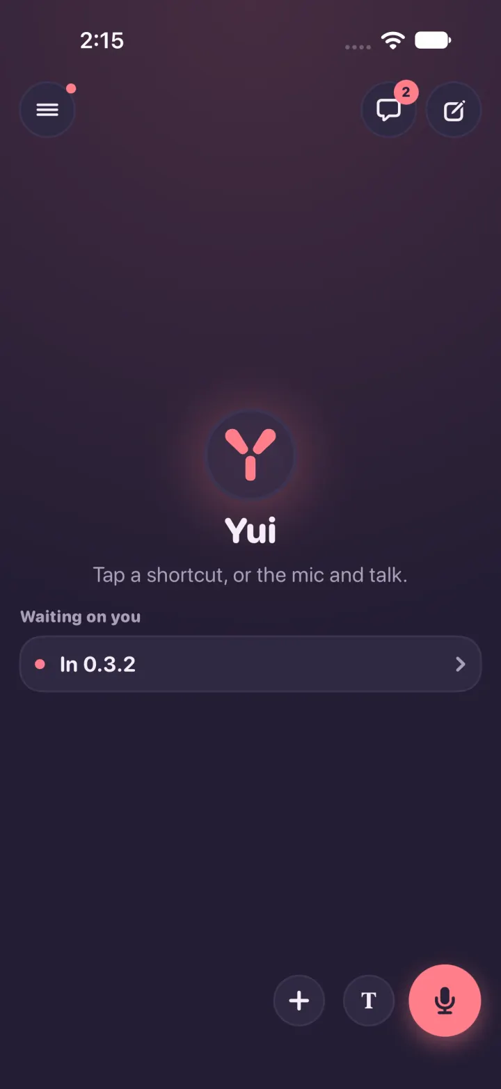 Dark mode: the agent's home with the greeting and shortcuts, after tapping Back home.
