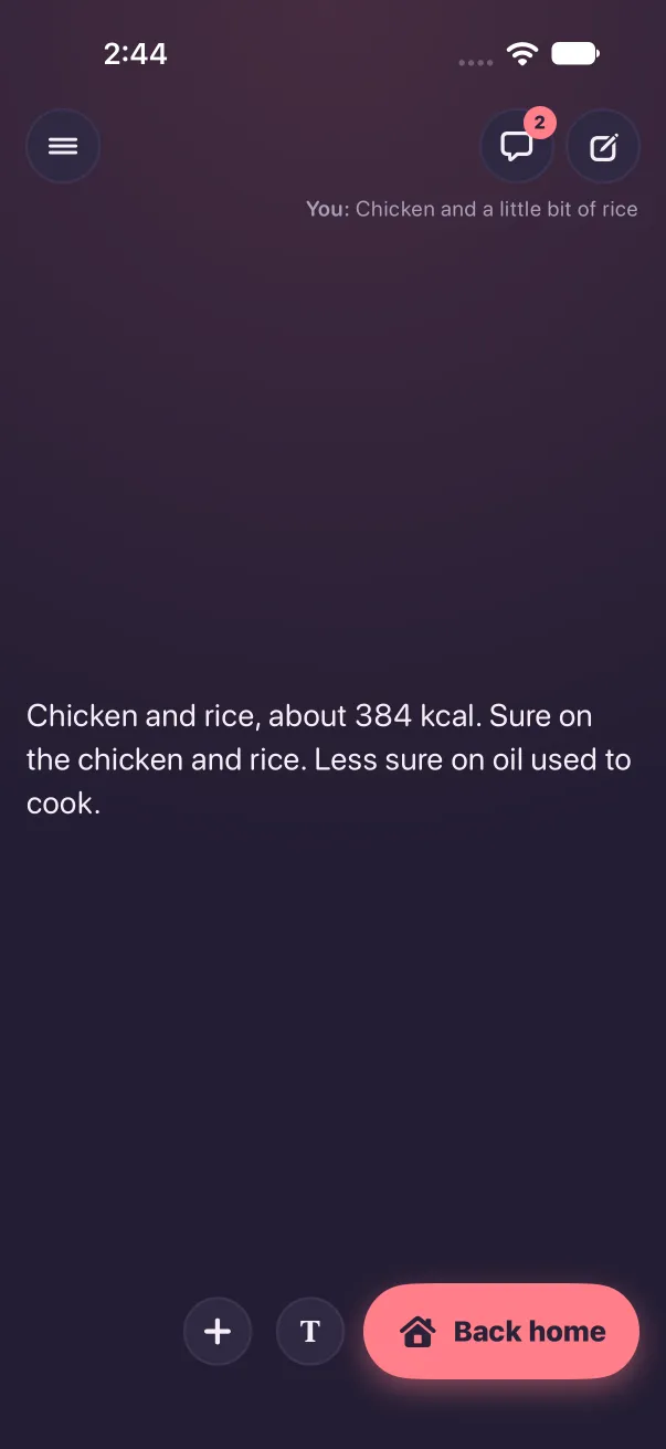 Dark mode: one long answer about chicken and rice set in regular body text, three lines, instead of huge bold type.