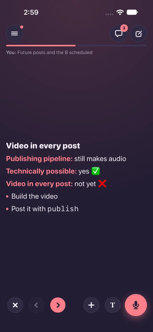 Dark mode: a long answer in regular body text with a heading and a bulleted list drawn, no stars or hashes.
