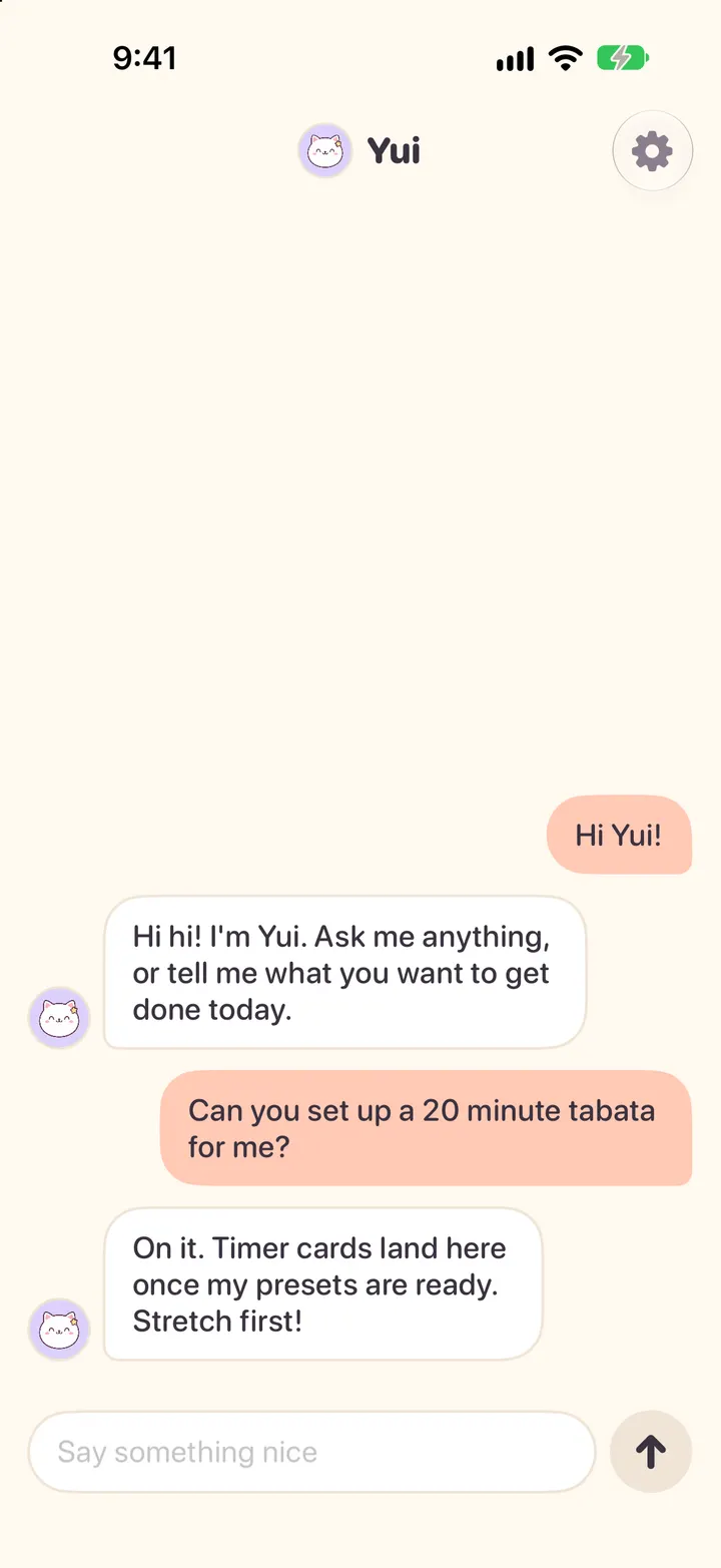 The first chat screen in the light theme, with the cat mascot