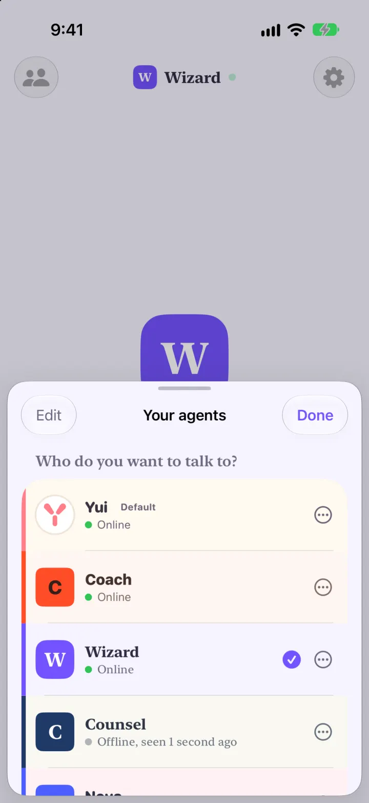 The agent list: Yui, Coach, Wizard, Counsel and Nova, each row in its own colors