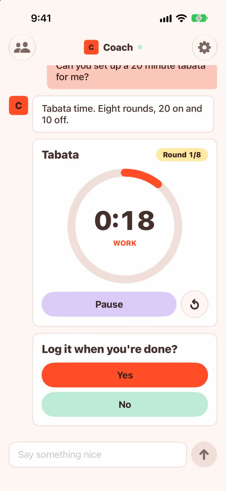 A coach agent's thread in light mode: orange-red accent, square corners, a tabata timer and stacked Yes/No buttons