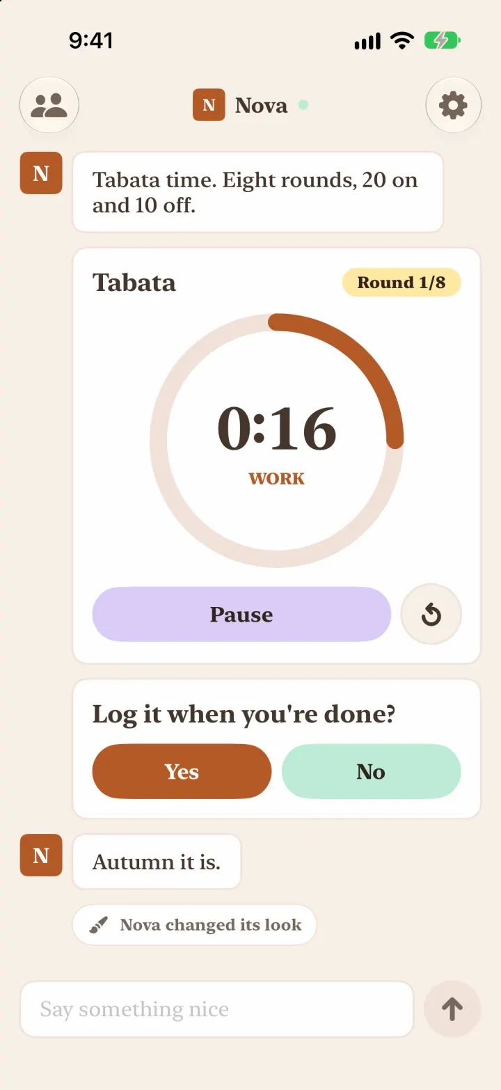Nova just sent theme autumn: the chat turned brown and serif, with a note saying Nova changed its look