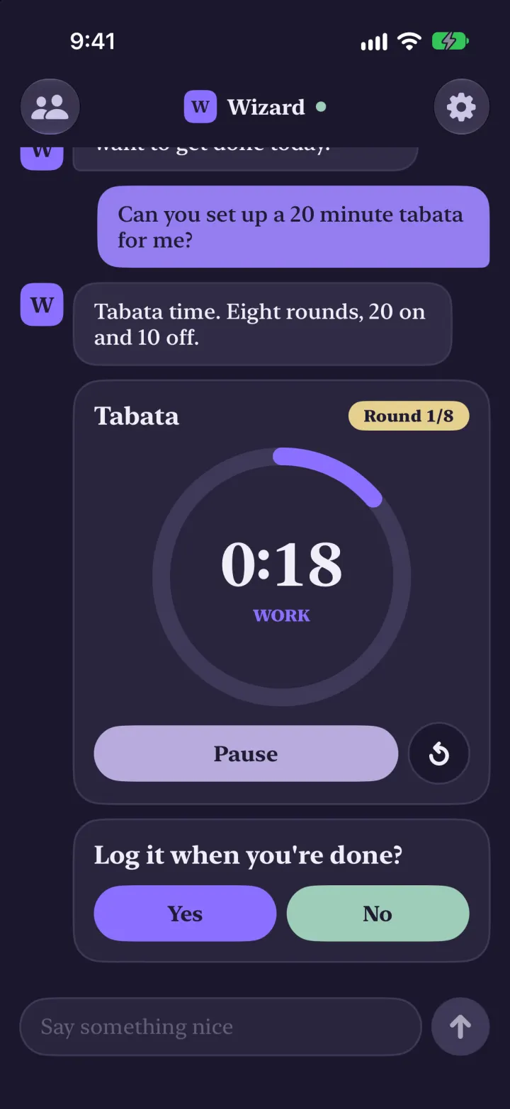 A wizard agent's thread in dark mode: violet accent on deep plum, serif type
