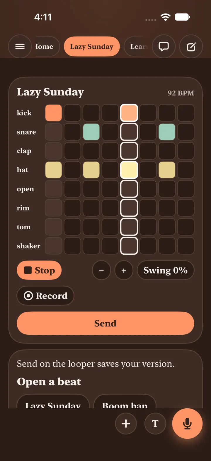 Dark mode: Gouda's looper after swiping to the keys and back, the Stop button still showing because the loop kept playing.