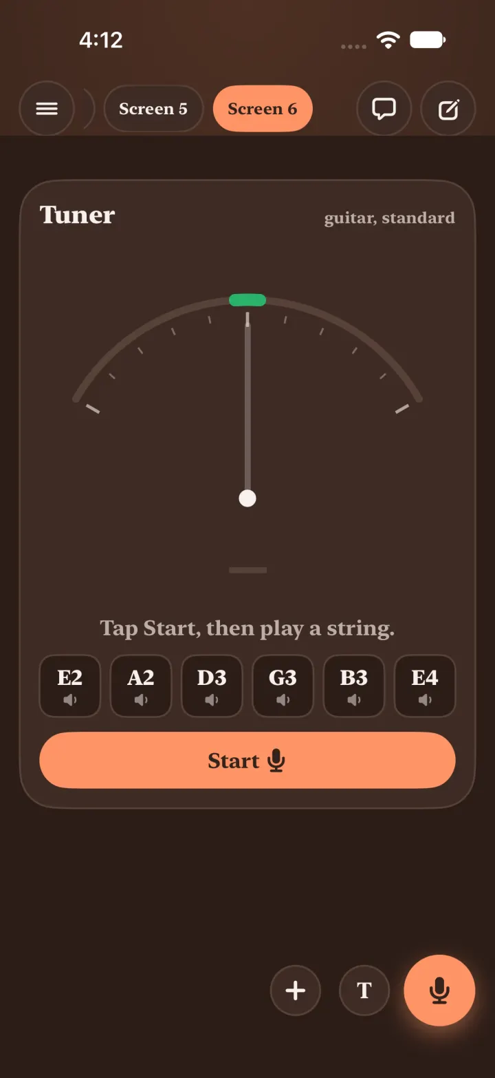 Dark mode: the guitar tuner on Gouda's last screen, opened by the Tune up chip with no reply from Gouda.
