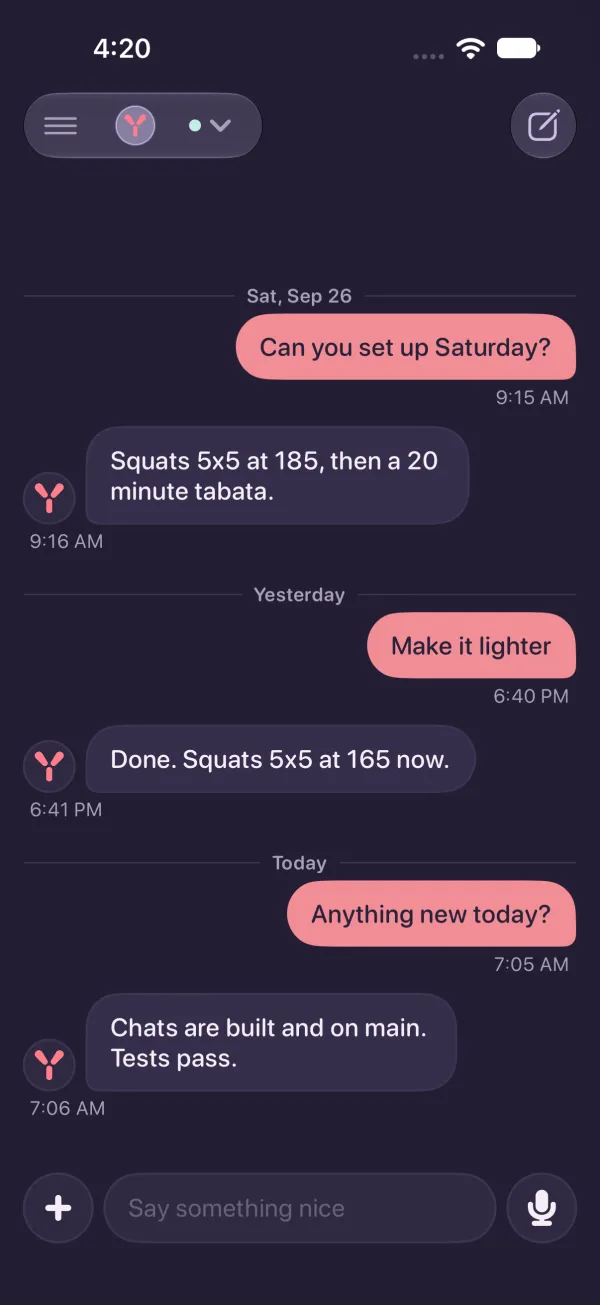 Dark mode: a thread broken into days, a Yesterday divider above the older messages, each with its sent time