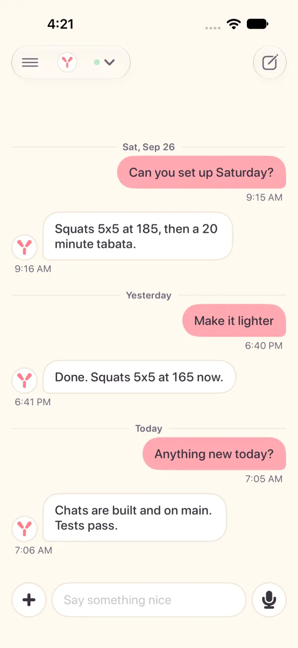 Light mode: the same thread with day dividers and a quiet time under each message.