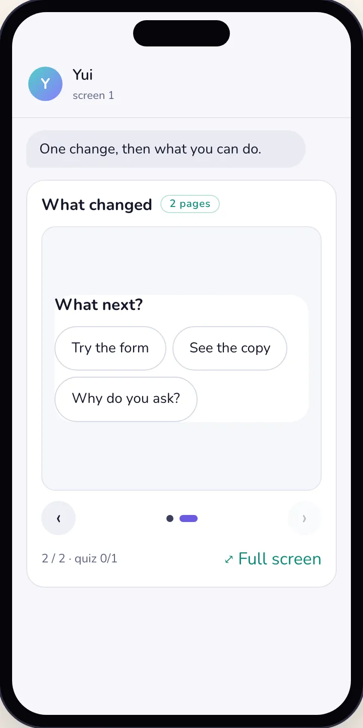 The last page of a deck, light: What next? with three buttons, Try the form, See the copy and Why do you ask?