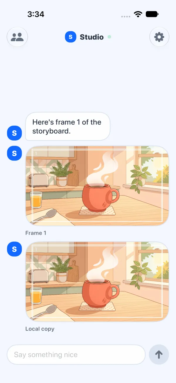 Yui app: an agent's reply with a rendered storyboard frame, a coral mug on a sunny kitchen table, captioned Frame 1.