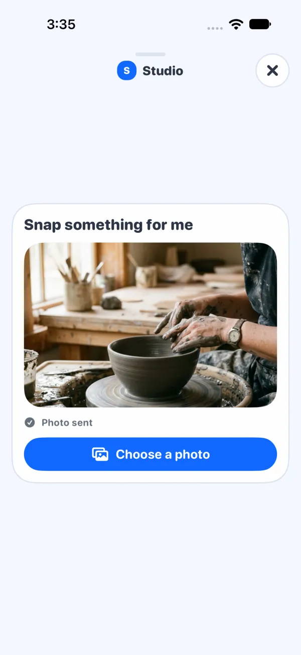Yui app: the agent asks Snap something for me; the chosen photo of hands shaping a bowl on a pottery wheel shows with Photo sent.