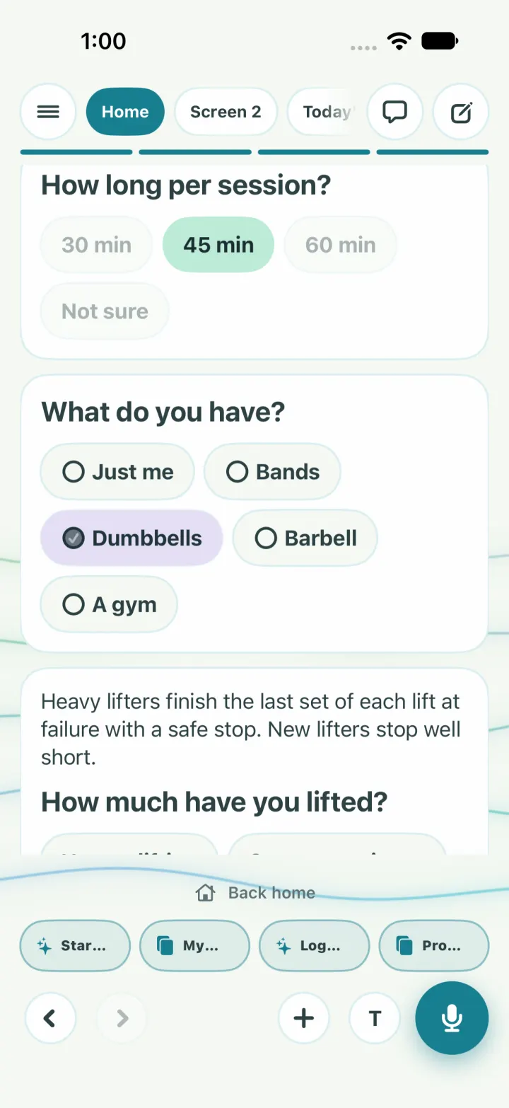 A coach agent's first screen: cards with tap answers for session length and gear, each with a Not sure, and a note that new lifters stop well short of failure