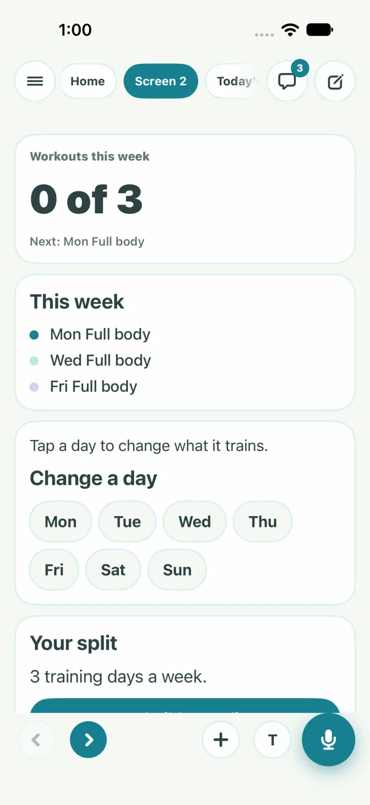 The saved week: workouts this week 0 of 3, three full body days, and a Change a day row of buttons under it
