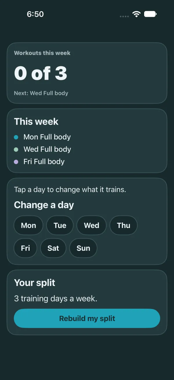 Dark mode: This week right after Send, 0 of 3 workouts with Mon, Wed and Fri Full body.