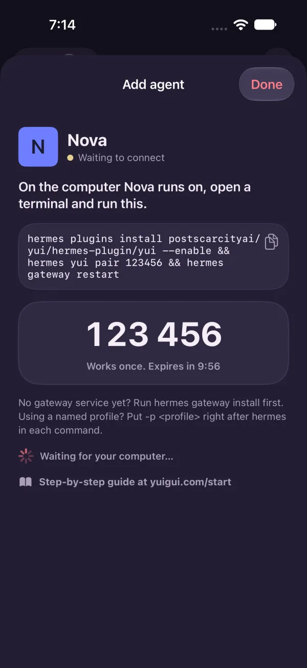Dark mode, after: the pairing sheet with one command, a Copy button and the code 123 456.