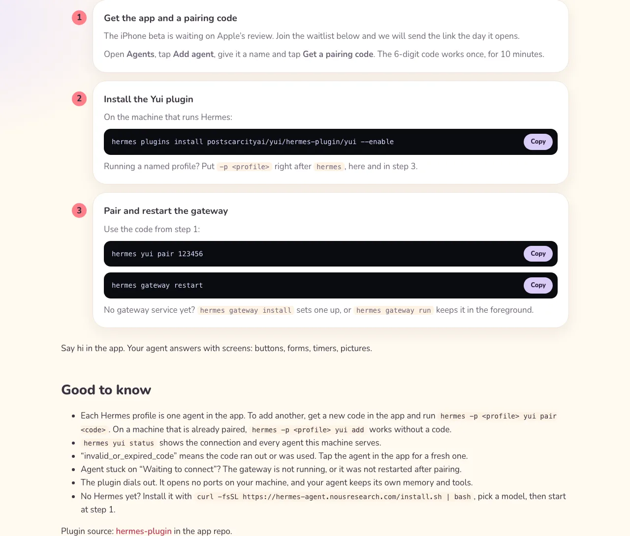 yuigui.com Get started page: three numbered steps, get a pairing code, install the Yui plugin, pair and restart the gateway, each command with a copy button.