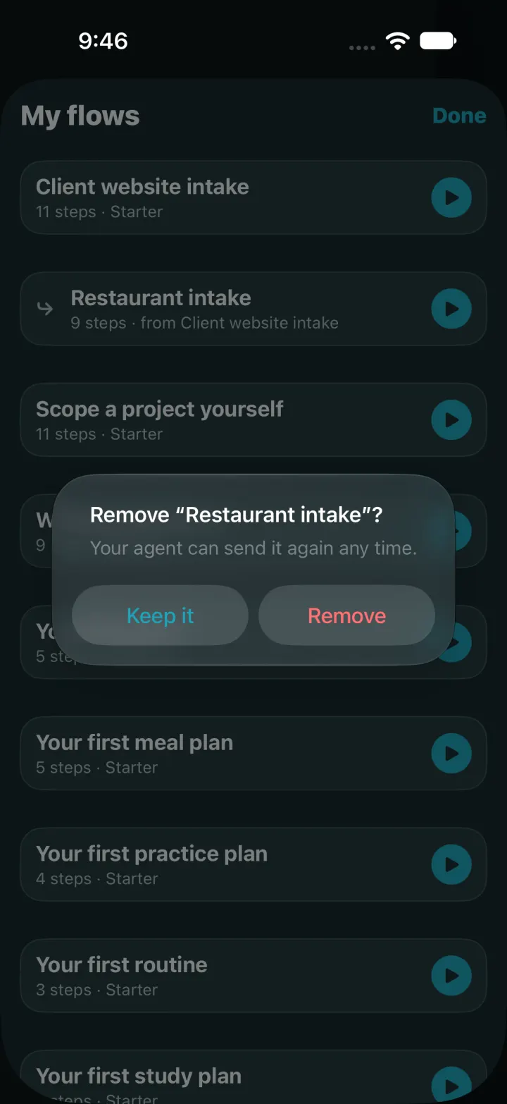 Dark mode: Remove Restaurant intake? with Keep it and Remove.