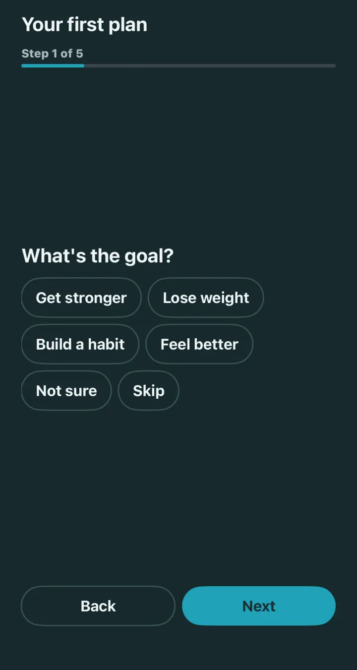 Dark mode: a flow started from the list, Your first plan, step 1 of 5.