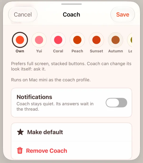 Coach's settings in Yui with the Notifications switch off: Coach stays quiet. Its answers wait in the thread.