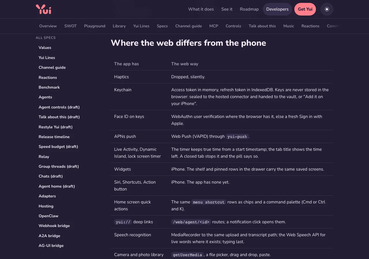 Dark mode, desktop: the same differences table.
