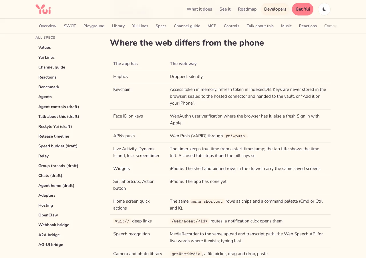 Light mode, desktop: where the web differs from the phone: haptics, keychain, Face ID, push, Live Activity, widgets, each with its web way.