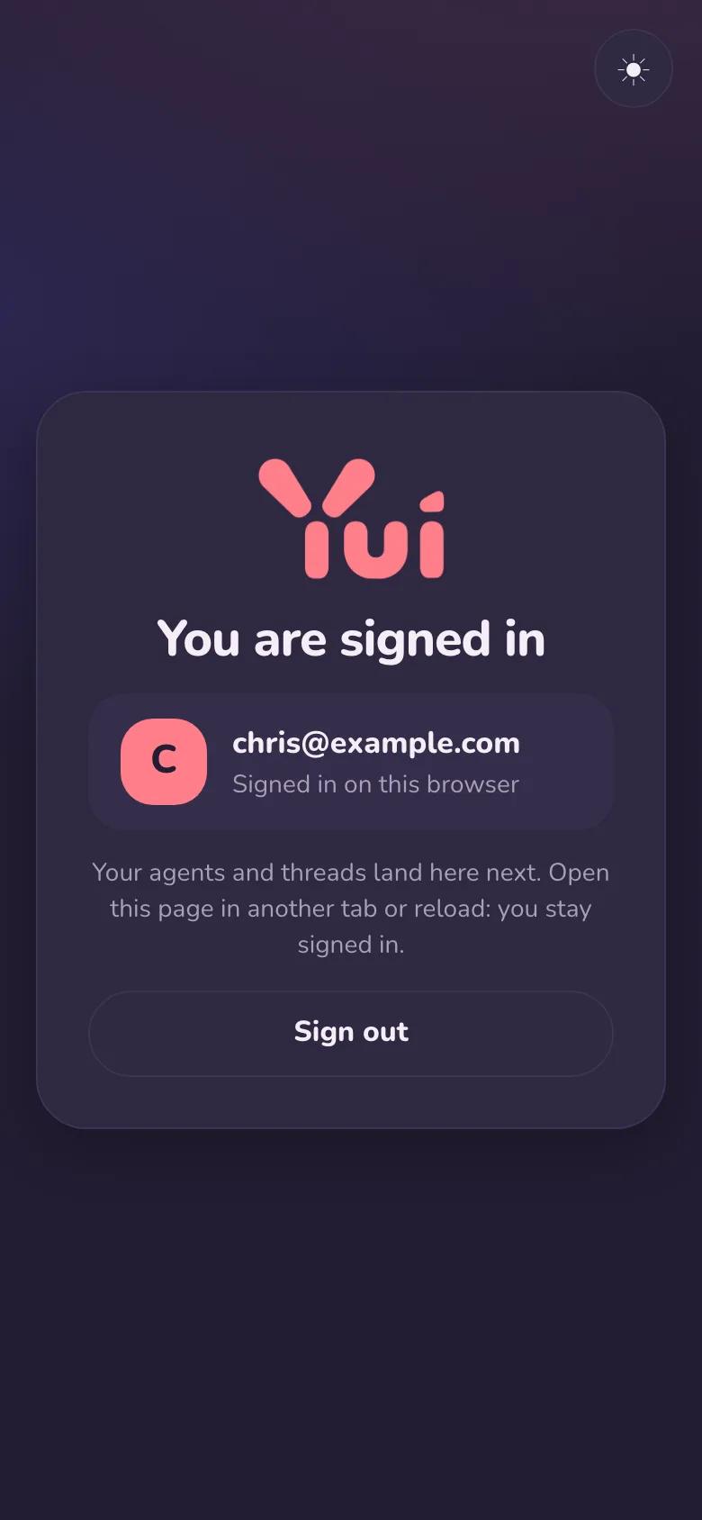 Dark mode, phone width: signed in, with a Sign out button.